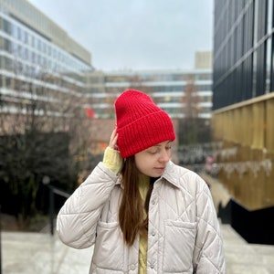 Red merino wool beanie, Hand knitted ribbed winter hat, Warm unisex slouchy beanie hat, Cozy bright women fall hat, Handmade men knitwear image 5
