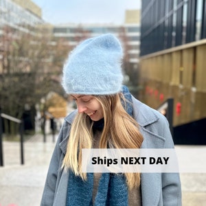 Sky blue angora beanie hat, Warm hand knit winter wool beanie, Handmade everyday women slouchy beanie, MANY COLORS classic wool hat