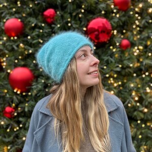 Bright turquoise angora wool hat ONE SIZE, Hand knit teal wool beanie, Fuzzy winter hat, Fluffy slouchy beanie, Women ski hat, Soft beanie