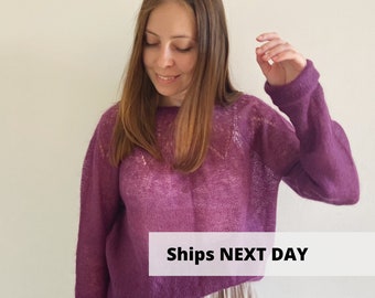 Purple mohair sweater, Hand knit violet wool sweater, Oversize magenta sheer sweater, Warm women mesh pullover, Geometrical womens sweater