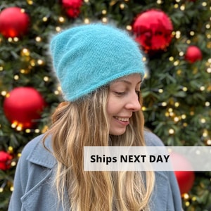 Pastel turquoise angora wool hat, Hand knit wool beanie hat, Handmade fuzzy winter hat, Cute slouchy beanie, Bright women hat, MANY COLORS