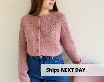 Pink kid mohair cardigan on buttons, Handmade womens sweater, Pastel fall sweater, Hand knit dusty rose cardi, Warm retro jumper