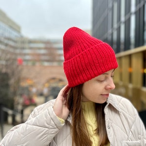 Red merino wool beanie, Hand knitted ribbed winter hat, Warm unisex slouchy beanie hat, Cozy bright women fall hat, Handmade men knitwear image 2