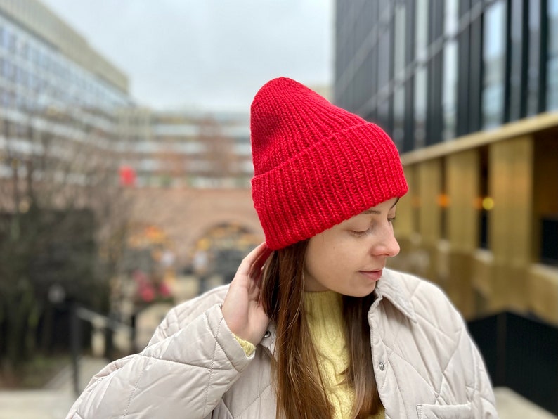 Red merino wool beanie, Hand knitted ribbed winter hat, Warm unisex slouchy beanie hat, Cozy bright women fall hat, Handmade men knitwear image 2