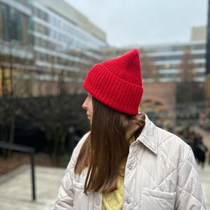 Red merino wool beanie, Hand knitted ribbed winter hat, Warm unisex slouchy beanie hat, Cozy bright women fall hat, Handmade men knitwear image 8