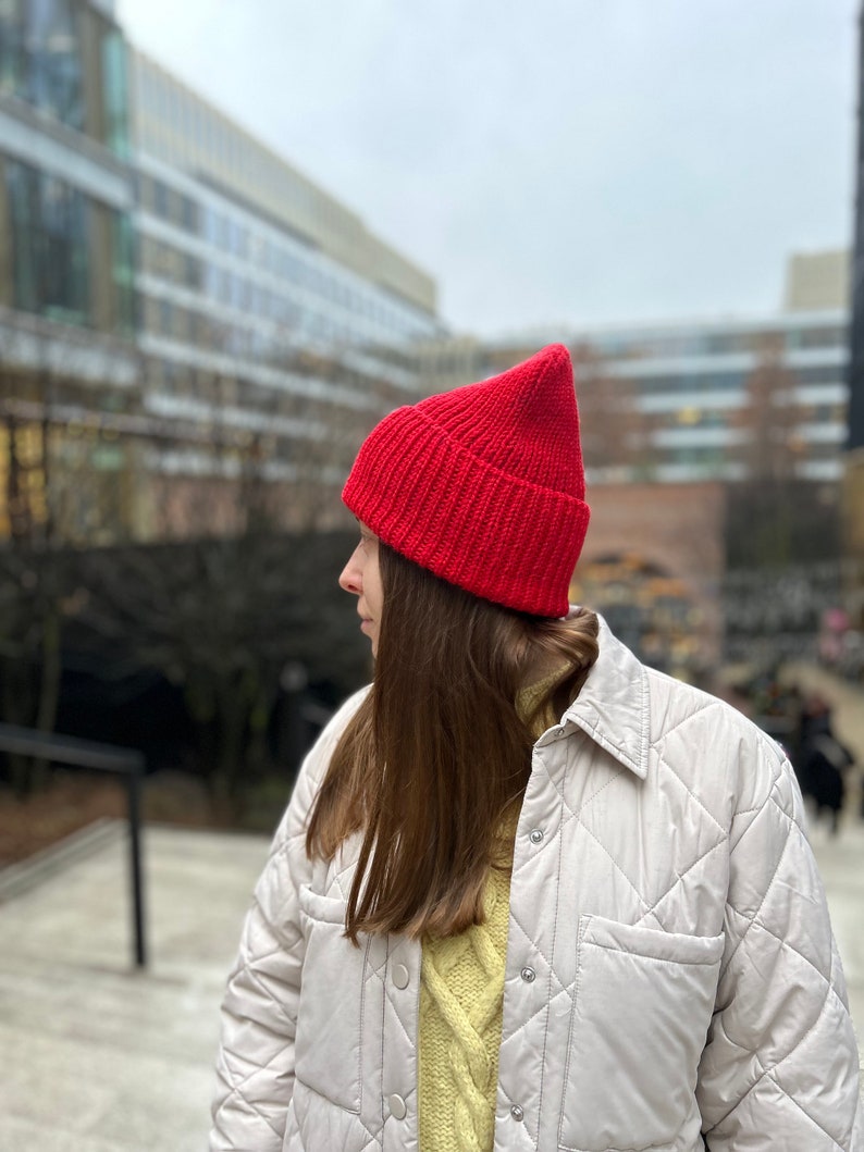 Red merino wool beanie, Hand knitted ribbed winter hat, Warm unisex slouchy beanie hat, Cozy bright women fall hat, Handmade men knitwear image 8