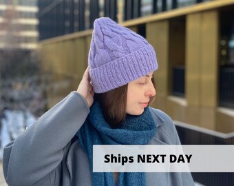 Lilac alpaca beanie, Hand knit merino wool hat, Warm aran winter hat, Light purple wool beanie with cuff, Lavender women cap, MANY COLORS