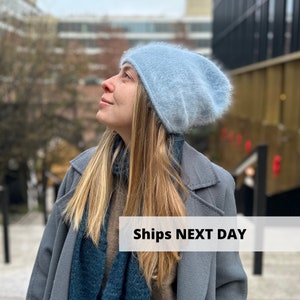 Light blue angora wool beanie hat, Warm hand knit winter hat, Fluffy wool hat, Cozy womens hat, Slouchy beanie, MANY COLORS in stock