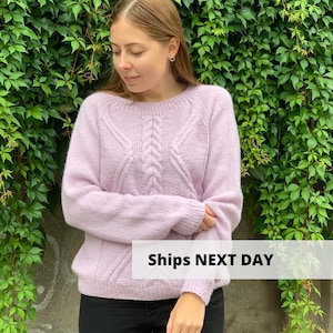 Pink aran alpaca sweater, Wool sweater, Hand knit sweater, Pastel winter sweater, Handmade romantic womens sweater, Cable knit jumper