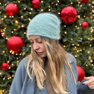 Teal angora wool hat ONE SIZE, Pastel green wool beanie, Hand knit winter hat, Fluffy slouchy beanie, Women ski hat, Fuzzy soft beanie