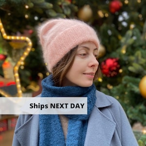 Soft apricot angora wool beanie with cuff, Hand knit winter hat, Handmade women cuffed wool hat, Elegant warm angora beanie, MORE COLORS