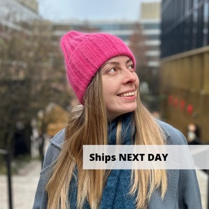 Hot pink angora wool hat, Peaked beanie hat, Hand knit wool beanie, Fuzzy winter hat, High top slouchy beanie, MANY COLORS fall beanie