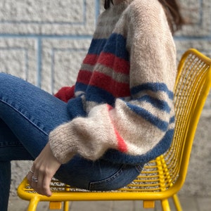 Oversized striped alpaca wool sweater with mismatched sleeves, Hand knit womens sweater, Bright winter pullover, Colorful fall jumper image 3