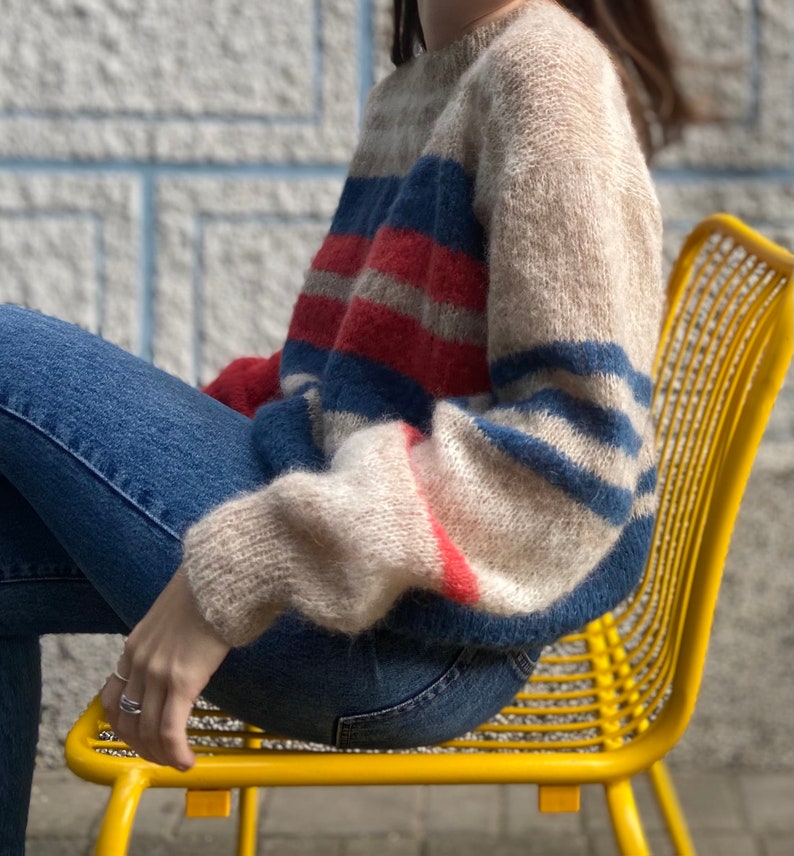 Oversized striped alpaca wool sweater with mismatched sleeves, Hand knit womens sweater, Bright winter pullover, Colorful fall jumper image 3