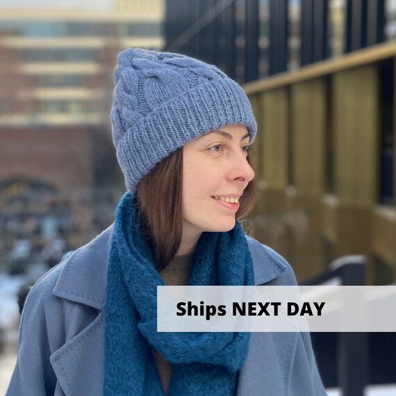 Gray Alpaca Beanie Hat, Hand Knit Merino Wool Hat, Warm Aran 