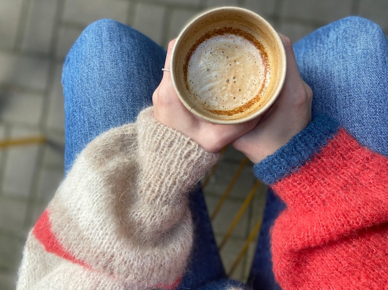 Oversized striped alpaca wool sweater with mismatched sleeves, Hand knit womens sweater, Bright winter pullover, Colorful fall jumper image 6