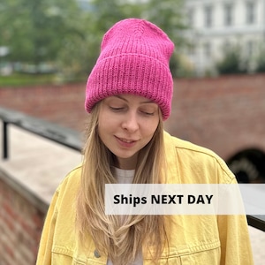 Raspberry pink merino wool hat, Warm ribbed alpaca hat, hand knit womens hat, Fuchsia winter hat, Bright double cuffed beanie hat