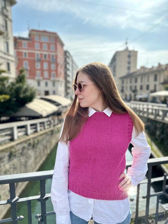 Fuchsia Sweater Vest, Hand Knitted Loose Wool Vest, Cozy Bright