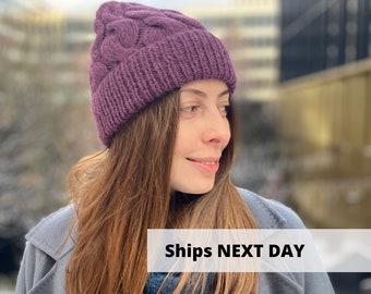 Dark purple alpaca wool beanie, Warm aran cuffed beanie, Hand knit winter hat, Merino wool hat, Cozy fisherman hat, MANY COLORS in stock