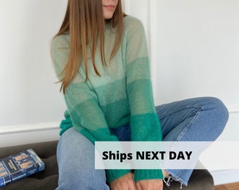 Green striped mohair sweater, Warm gradient sweater with raglan sleeves, Hand knitted turquoise fall pullover, Cozy basic jumper