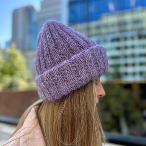 Thick pink womens hat ONE SIZE, Ribbed ski hat, Bright mohair wool hat, Hand knit beanie hat, Women winter hat, Double cuff beanie Purple