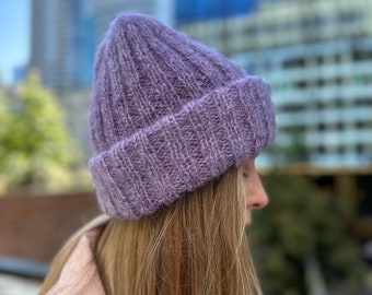 Thick purple womens hat ONE SIZE, Handmade ski hat, Ribbed mohair wool hat, Hand knit beanie hat, Women winter hat, Warm cuffed beanie