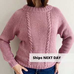 Rose alpaca sweater, Cable knit sweater, Warm hand knit sweater, Womens winter sweater with braids, Handmade cozy romantic pink pullover