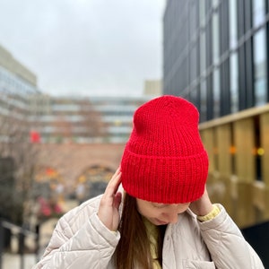 Red merino wool beanie, Hand knitted ribbed winter hat, Warm unisex slouchy beanie hat, Cozy bright women fall hat, Handmade men knitwear image 3