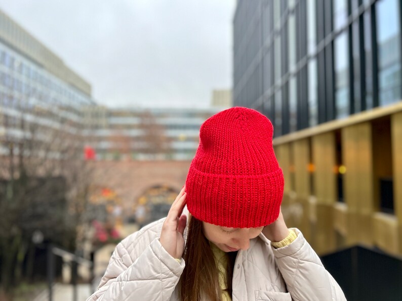 Red merino wool beanie, Hand knitted ribbed winter hat, Warm unisex slouchy beanie hat, Cozy bright women fall hat, Handmade men knitwear image 3