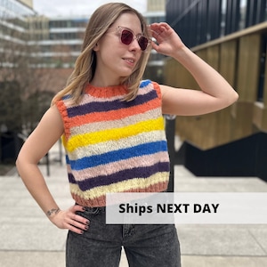 Bright striped sweater vest, Funky alpaca knit vest, Hand knitted sleeveless wool vest, Colorful hippie vest women, Loose fit cropped vest