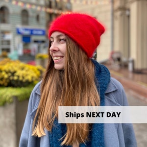 Bright angora wool beanie, Warm hand knitted red winter wool hat, Fluffy handmade women slouchy hat, MANY COLORS classy fall beanie