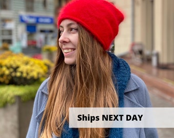 Heldere angora wollen muts, warme hand gebreide rode winterwollen muts, pluizige handgemaakte vrouwen slouchy hoed, VELE KLEUREN stijlvolle herfstmuts