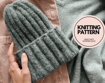 Digital hat knitting pattern, Ribbed alpaca beanie, Instant Download PDF tutorial for hand knitted winter wool hat, Beginner knit manual