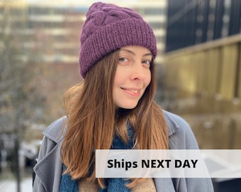 Purple alpaca wool beanie hat, Warm violet aran hat, Hand knit winter merino wool hat, Cozy berry women cuffed ski hat, MANY COLORS in stock