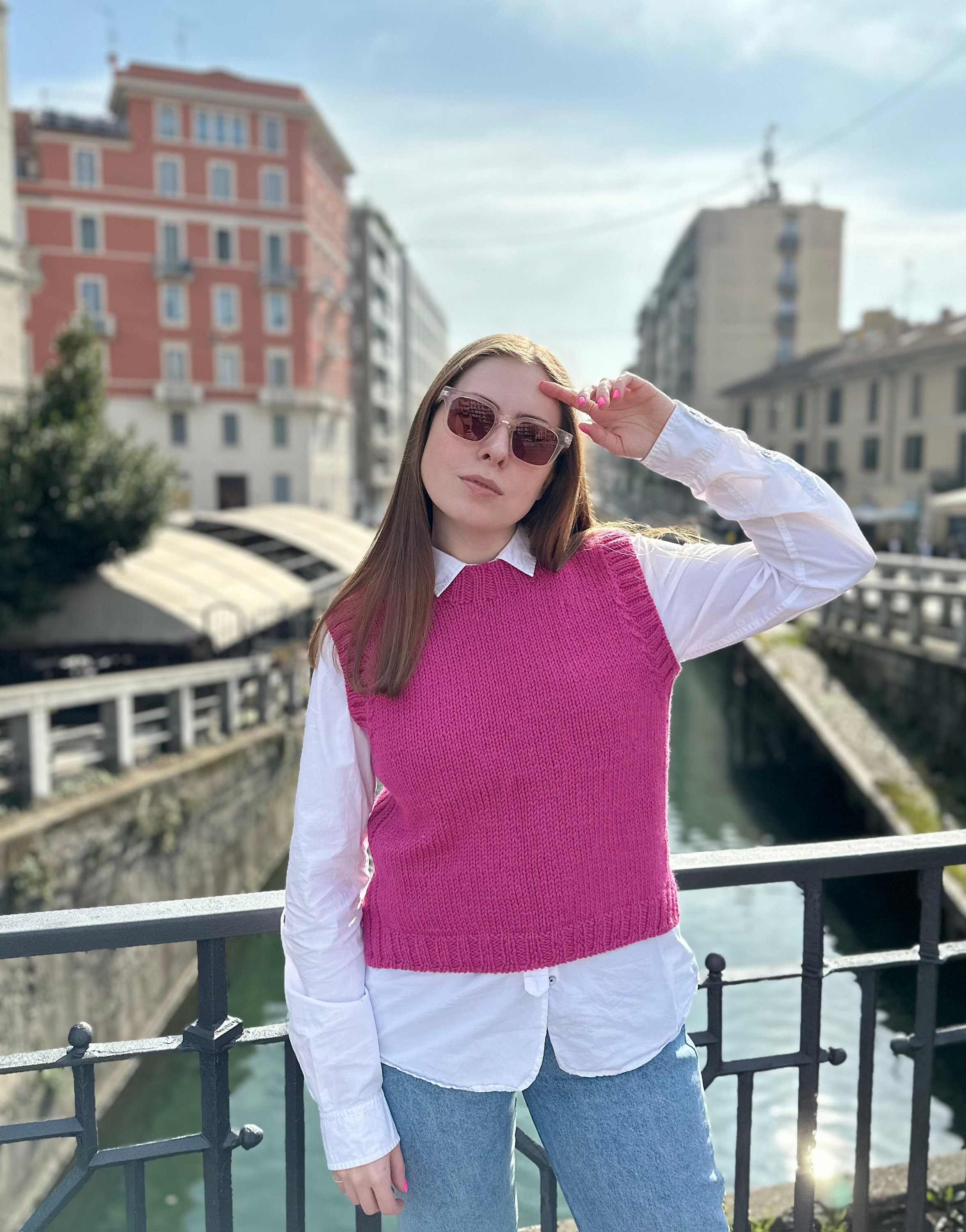 Magenta Wool Sweater Vest, Fuchsia Alpaca Vest, Hand Knit Crew