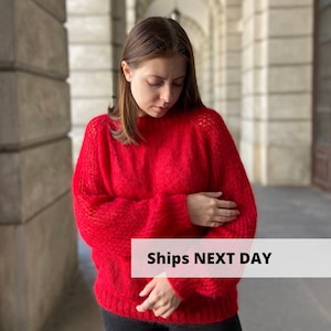 Soft red mohair sweater S size, Bright alpaca sweater with raglan balloon sleeves, Hand knit womens sweater, Winter sweater pullover