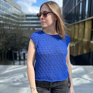 Cobalt blue knitted cotton top, Handmade women summer T shirt, Sleeveless handmade top shirt, Navy blue tee