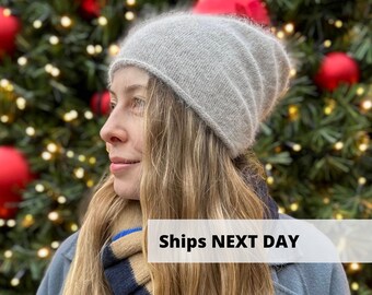 Zachte beige angora wollen hoed, Hand gebreide wollen muts, Handgemaakte fuzzy winterhoed, Pastel slouchy muts, Dames muts, VELE KLEUREN