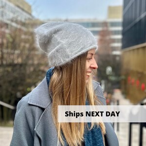 Fuzzy gray angora wool beanie hat, Cozy hand knit wool hat, Fluffy handmade women slouchy beanie, MANY COLORS basic fall beanie