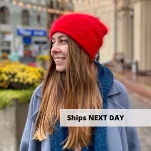 Fuzzy red angora wool beanie hat, Warm hand knitted winter wool hat, Fluffy handmade women slouchy beanie, MANY COLORS classy fall beanie