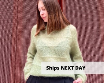Pastel green mohair sweater, Handmade warm gossamer sweater for women, Hand knitted cozy striped sweater, Sage green crew neck pullover