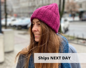 Fuchsia alpaca hat, Warm wool beanie hat, Hand knit merino wool hat, Magenta winter hat, Ski hat, Classic double cuffed hat, Thick fall hat
