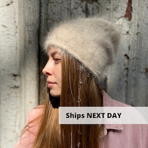 Light beige angora beanie hat, Fluffy hand knitted wool hat, Handmade fuzzy hat, Women slouchy beanie, MANY COLORS classic wool beanie