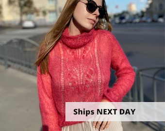 Bright mohair turtleneck sweater, Handmade floral dark pink wool sweater, Hand knit womens sweater, Warm winter sweater, Bright jumper