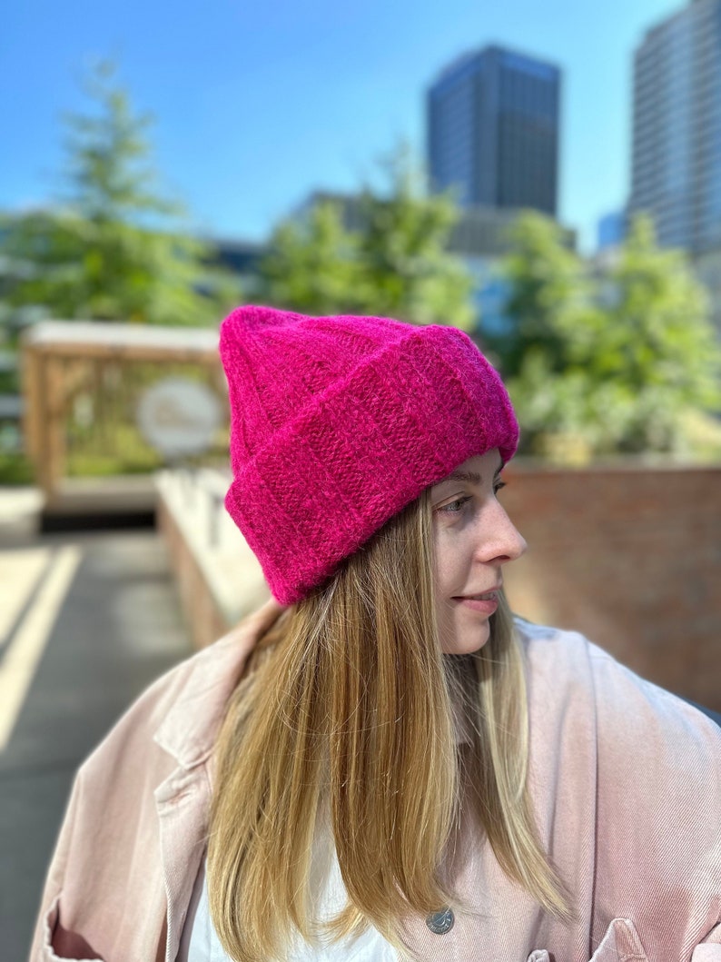 Bright fuchsia mohair beanie hat, Double cuff womens hat, Winter wool hat for women, Magenta ribbed beanie, Colorful hand knit hat