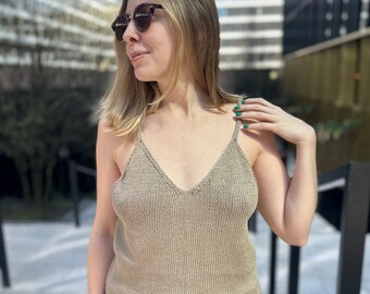 Light taupe cotton top on spaghetti straps, Classic hand knitted female tank top,  Breathable women halter top