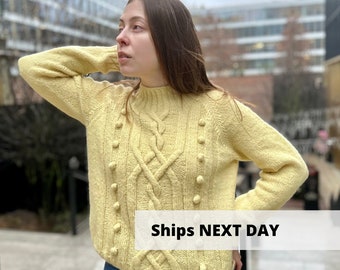 Pastel yellow alpaca sweater, Aran winter sweater with pom pons, Hand knit merino wool sweater, Classic cozy female jumper, Fall pullover