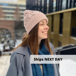 Romantic dusty pink alpaca beanie, Hand knitted winter merino wool hat, Warm aran beanie with cuff, Cozy handmade women cap, MANY COLORS