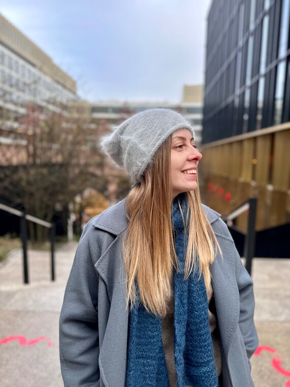 Fuzzy Gray Angora Wool Beanie Hat, Cozy Hand Knit Wool Hat, Fluffy