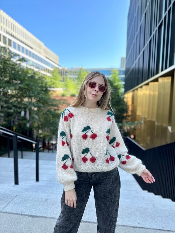 Pastel cropped sweater with Cherries, Hand knit winter wool sweater,  Whimsical cattagecore female jumper, Oversize women pullover